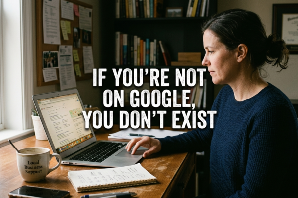 Canadian business owner reviewing Google search rankings on laptop