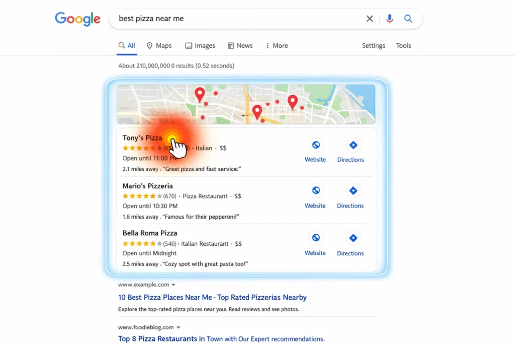 Example of Google local map pack showing top-ranking local businesses