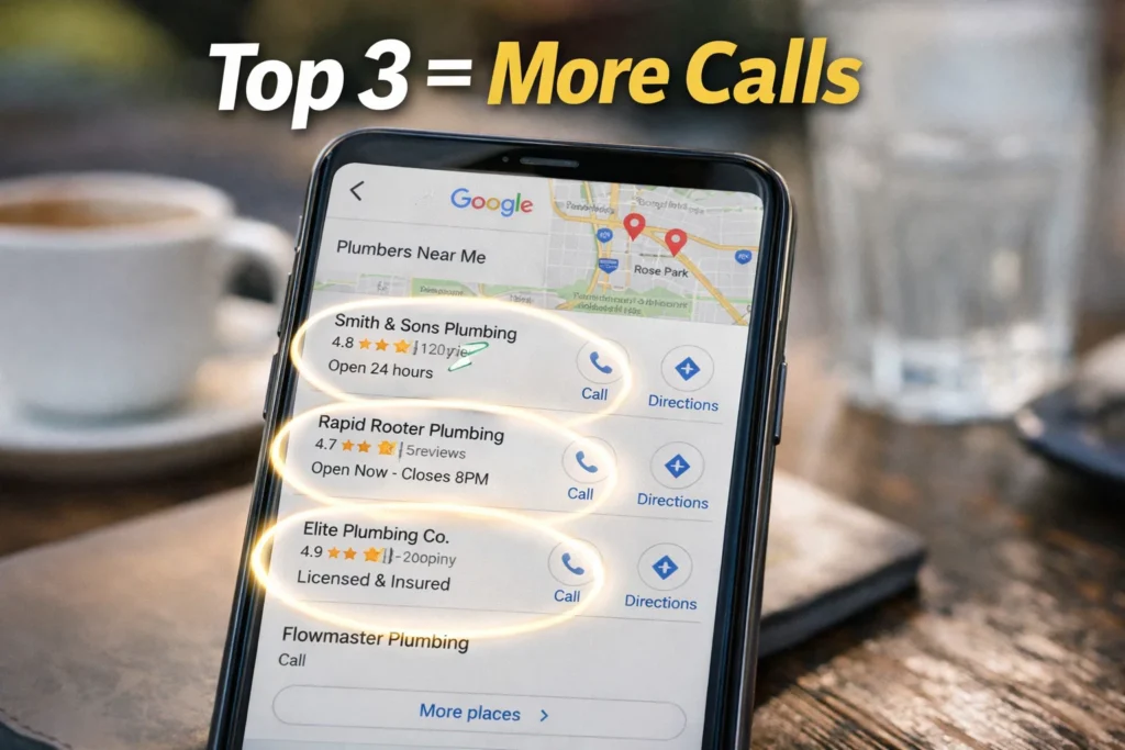 Google map pack showing top 3 local businesses in a Canadian city