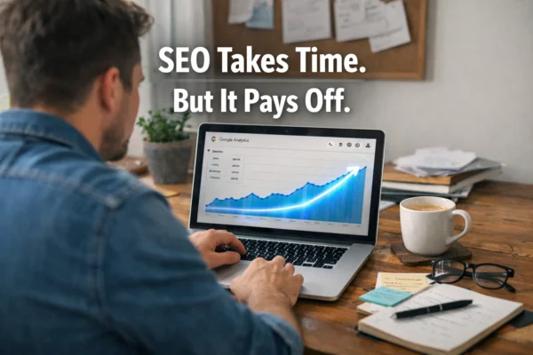 business owner analyzing SEO growth timeline on laptop in Canada