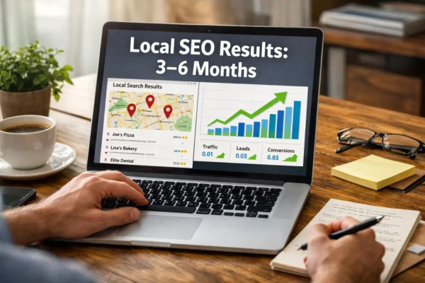 business owner tracking local SEO growth and map rankings on laptop