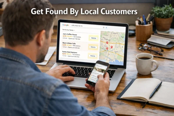 business owner checking Google map pack results on laptop in Canada