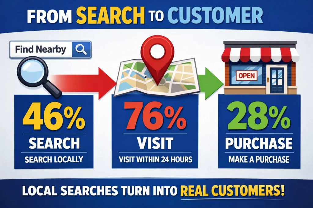 Local SEO statistics showing how searches turn into visits and purchases