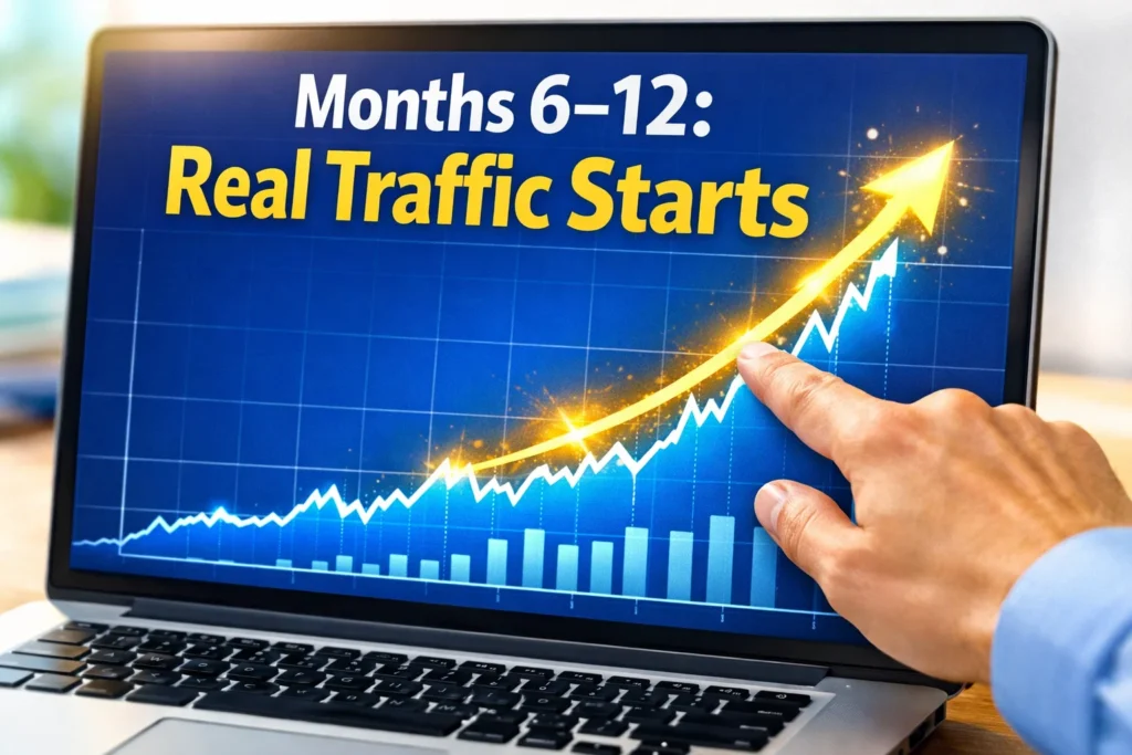 A growing analytics graph showing how SEO traffic increases over time, representing results between months six and twelve